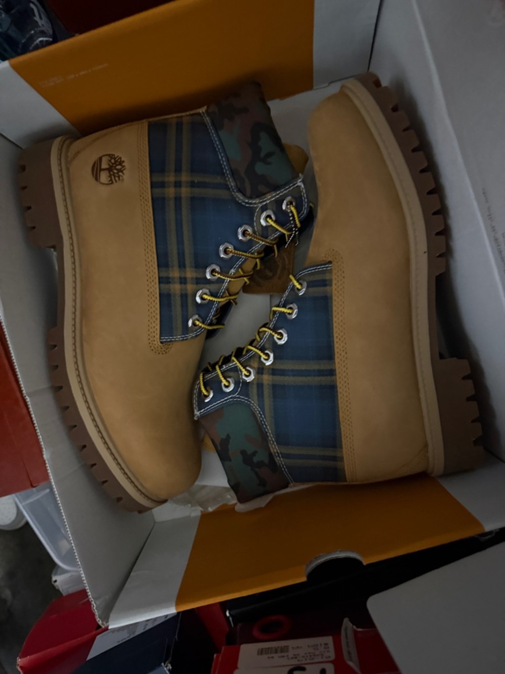 Timberland Wheat Nubuck Boots with Blue Plaid and Camo Collar